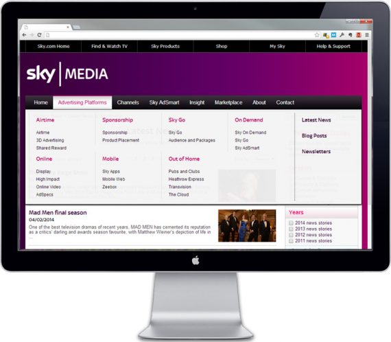 Sky Media news menu open