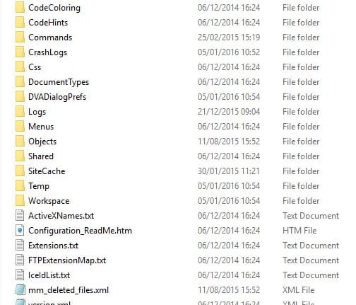 Dreamweaver configuration folder contents